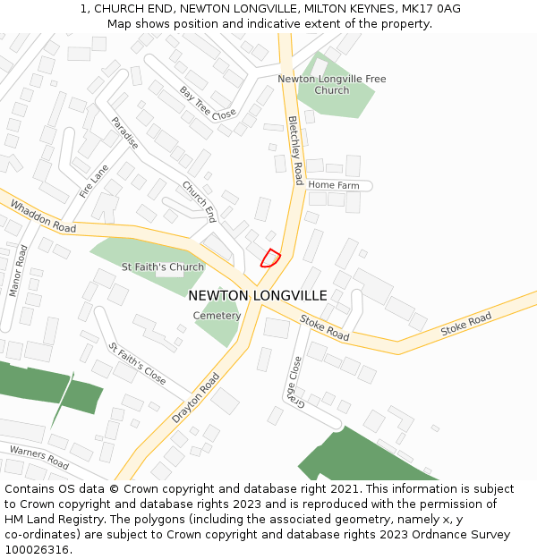 1, CHURCH END, NEWTON LONGVILLE, MILTON KEYNES, MK17 0AG: Location map and indicative extent of plot