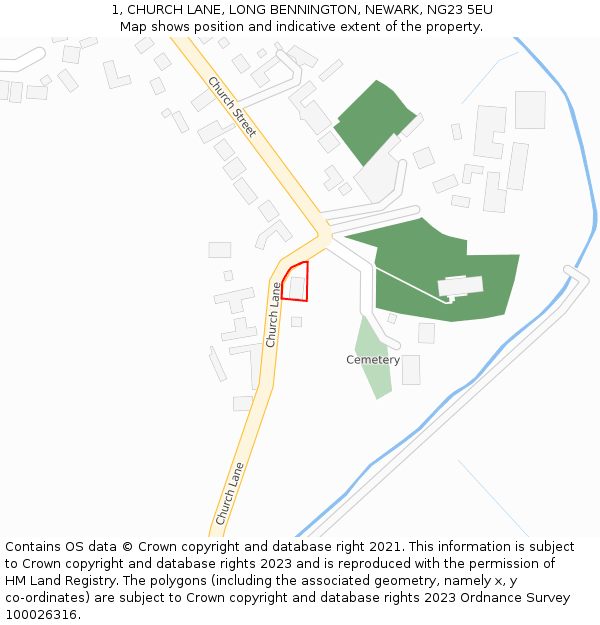 1, CHURCH LANE, LONG BENNINGTON, NEWARK, NG23 5EU: Location map and indicative extent of plot