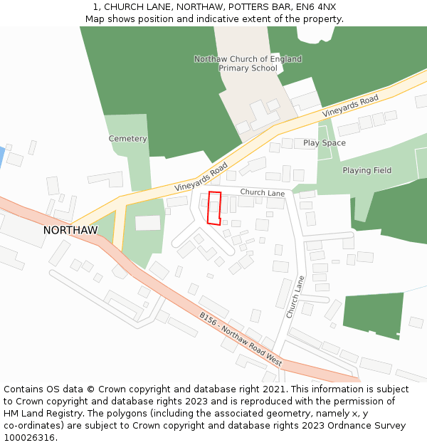 1, CHURCH LANE, NORTHAW, POTTERS BAR, EN6 4NX: Location map and indicative extent of plot