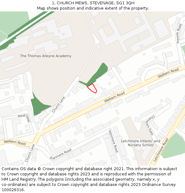 1, CHURCH MEWS, STEVENAGE, SG1 3QH: Location map and indicative extent of plot