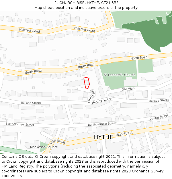 1, CHURCH RISE, HYTHE, CT21 5BF: Location map and indicative extent of plot