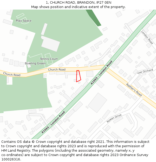 1, CHURCH ROAD, BRANDON, IP27 0EN: Location map and indicative extent of plot