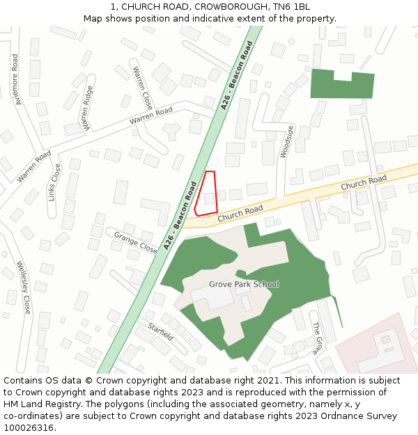 1, CHURCH ROAD, CROWBOROUGH, TN6 1BL: Location map and indicative extent of plot