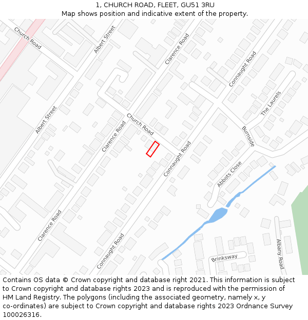1, CHURCH ROAD, FLEET, GU51 3RU: Location map and indicative extent of plot