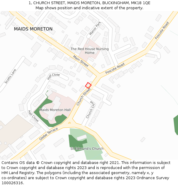 1, CHURCH STREET, MAIDS MORETON, BUCKINGHAM, MK18 1QE: Location map and indicative extent of plot