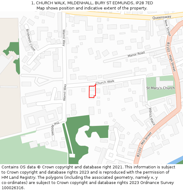 1, CHURCH WALK, MILDENHALL, BURY ST EDMUNDS, IP28 7ED: Location map and indicative extent of plot