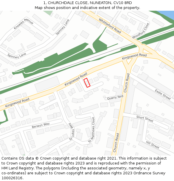 1, CHURCHDALE CLOSE, NUNEATON, CV10 8RD: Location map and indicative extent of plot