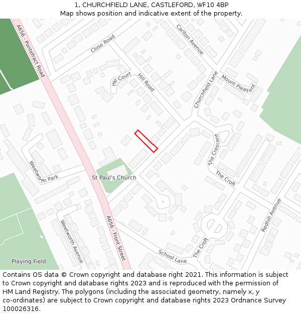 1, CHURCHFIELD LANE, CASTLEFORD, WF10 4BP: Location map and indicative extent of plot