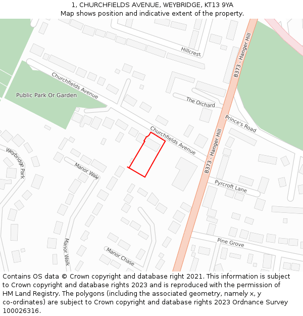 1, CHURCHFIELDS AVENUE, WEYBRIDGE, KT13 9YA: Location map and indicative extent of plot