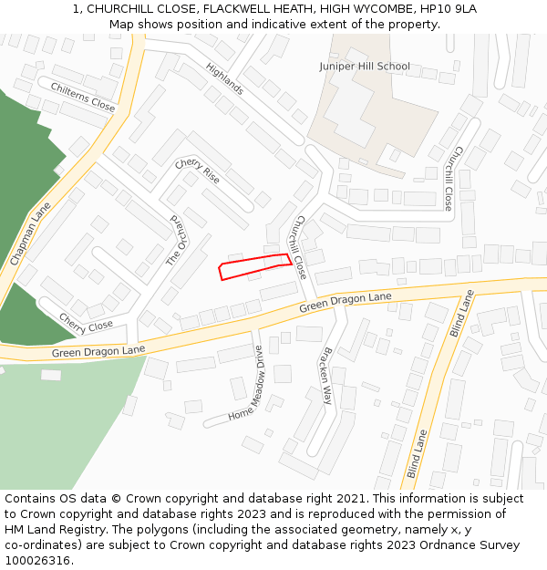1, CHURCHILL CLOSE, FLACKWELL HEATH, HIGH WYCOMBE, HP10 9LA: Location map and indicative extent of plot