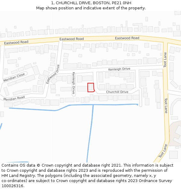 1, CHURCHILL DRIVE, BOSTON, PE21 0NH: Location map and indicative extent of plot