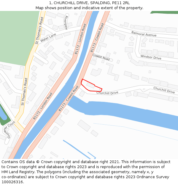 1, CHURCHILL DRIVE, SPALDING, PE11 2RL: Location map and indicative extent of plot