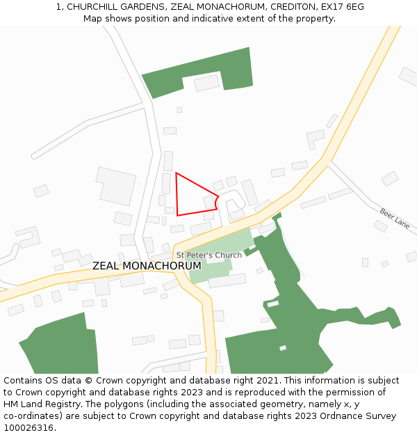 1, CHURCHILL GARDENS, ZEAL MONACHORUM, CREDITON, EX17 6EG: Location map and indicative extent of plot