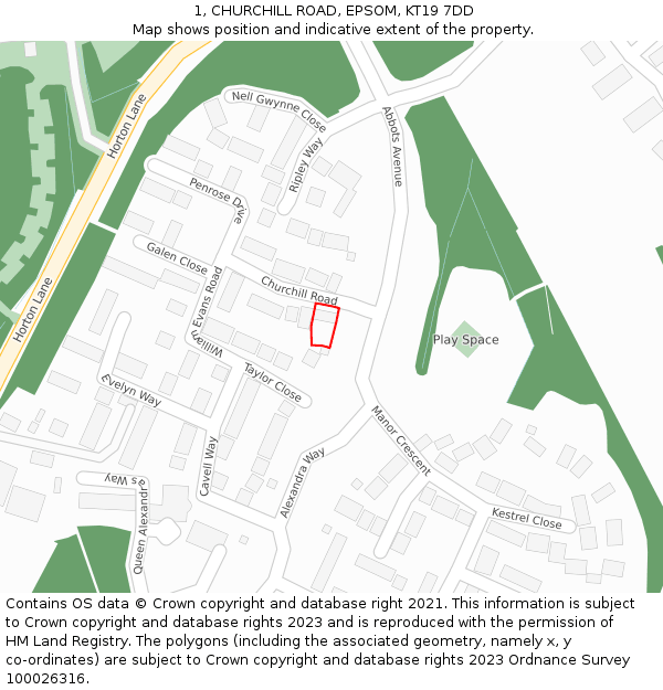 1, CHURCHILL ROAD, EPSOM, KT19 7DD: Location map and indicative extent of plot