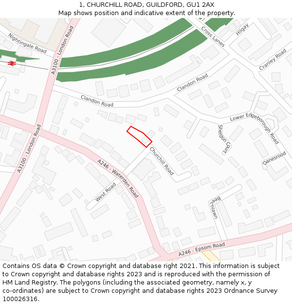 1, CHURCHILL ROAD, GUILDFORD, GU1 2AX: Location map and indicative extent of plot