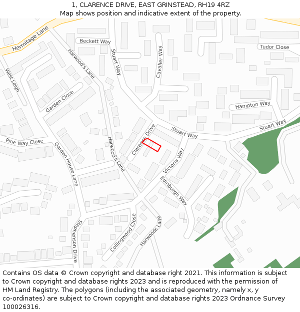 1, CLARENCE DRIVE, EAST GRINSTEAD, RH19 4RZ: Location map and indicative extent of plot