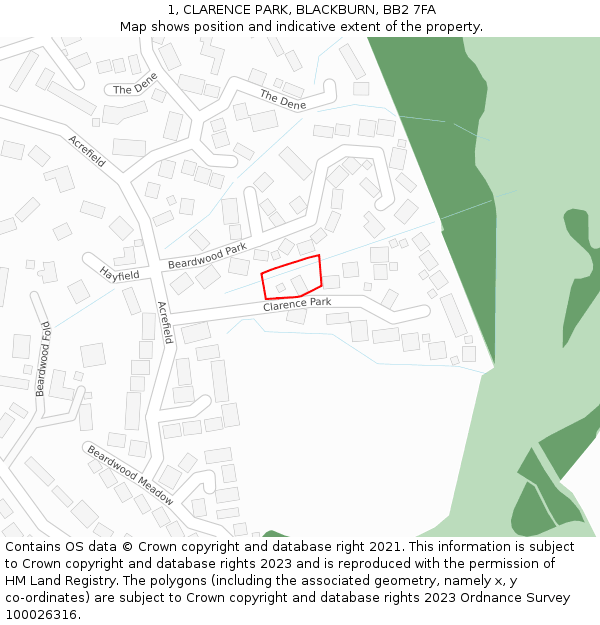 1, CLARENCE PARK, BLACKBURN, BB2 7FA: Location map and indicative extent of plot