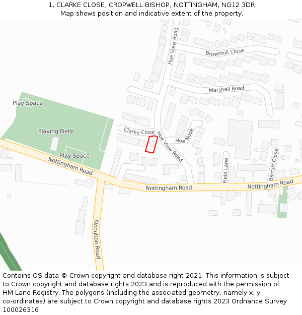 1, CLARKE CLOSE, CROPWELL BISHOP, NOTTINGHAM, NG12 3DR: Location map and indicative extent of plot