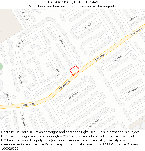 1, CLARONDALE, HULL, HU7 4AS: Location map and indicative extent of plot