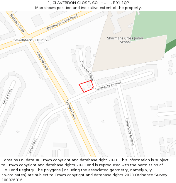 1, CLAVERDON CLOSE, SOLIHULL, B91 1QP: Location map and indicative extent of plot