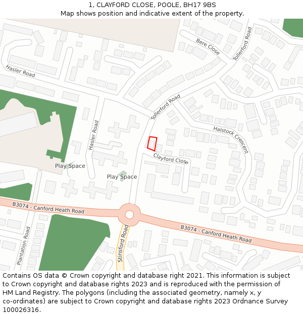 1, CLAYFORD CLOSE, POOLE, BH17 9BS: Location map and indicative extent of plot