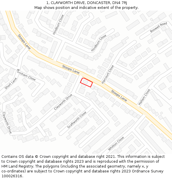 1, CLAYWORTH DRIVE, DONCASTER, DN4 7RJ: Location map and indicative extent of plot