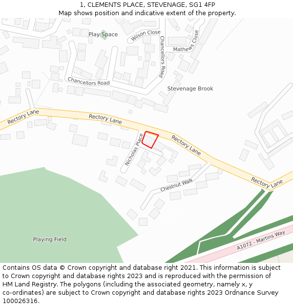 1, CLEMENTS PLACE, STEVENAGE, SG1 4FP: Location map and indicative extent of plot