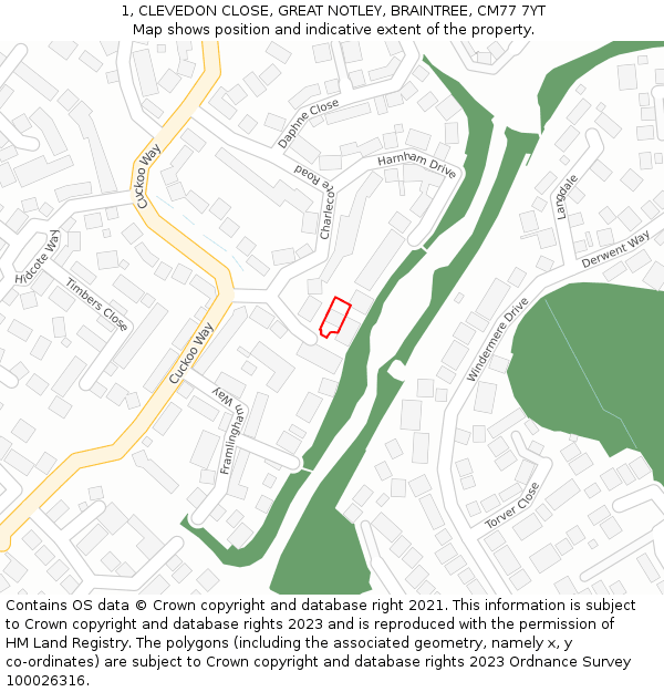 1, CLEVEDON CLOSE, GREAT NOTLEY, BRAINTREE, CM77 7YT: Location map and indicative extent of plot