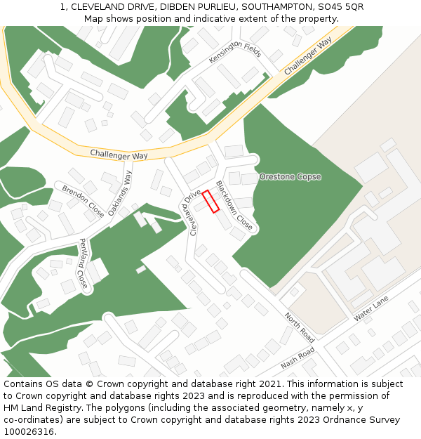 1, CLEVELAND DRIVE, DIBDEN PURLIEU, SOUTHAMPTON, SO45 5QR: Location map and indicative extent of plot