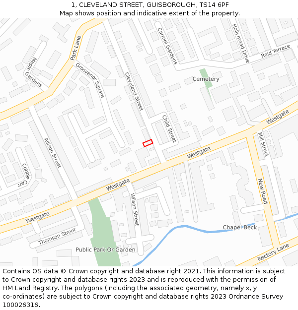 1, CLEVELAND STREET, GUISBOROUGH, TS14 6PF: Location map and indicative extent of plot