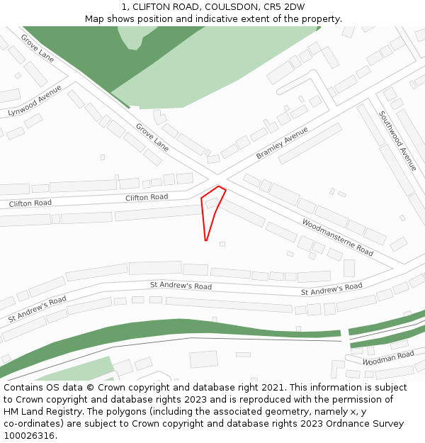 1, CLIFTON ROAD, COULSDON, CR5 2DW: Location map and indicative extent of plot