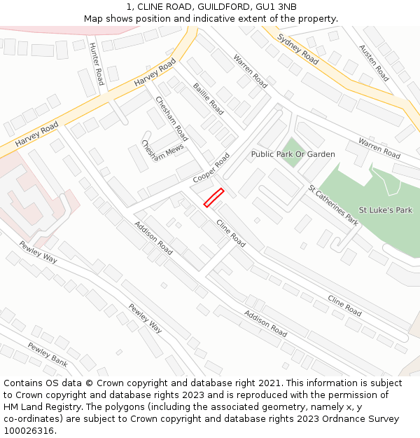 1, CLINE ROAD, GUILDFORD, GU1 3NB: Location map and indicative extent of plot