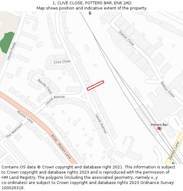 1, CLIVE CLOSE, POTTERS BAR, EN6 2AD: Location map and indicative extent of plot