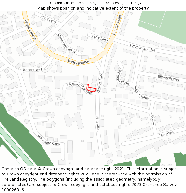 1, CLONCURRY GARDENS, FELIXSTOWE, IP11 2QY: Location map and indicative extent of plot