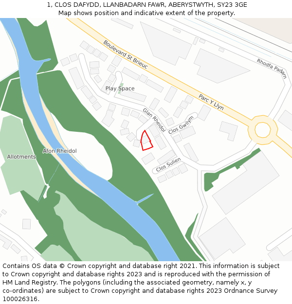 1, CLOS DAFYDD, LLANBADARN FAWR, ABERYSTWYTH, SY23 3GE: Location map and indicative extent of plot