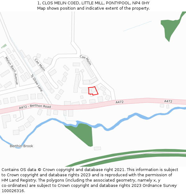 1, CLOS MELIN COED, LITTLE MILL, PONTYPOOL, NP4 0HY: Location map and indicative extent of plot