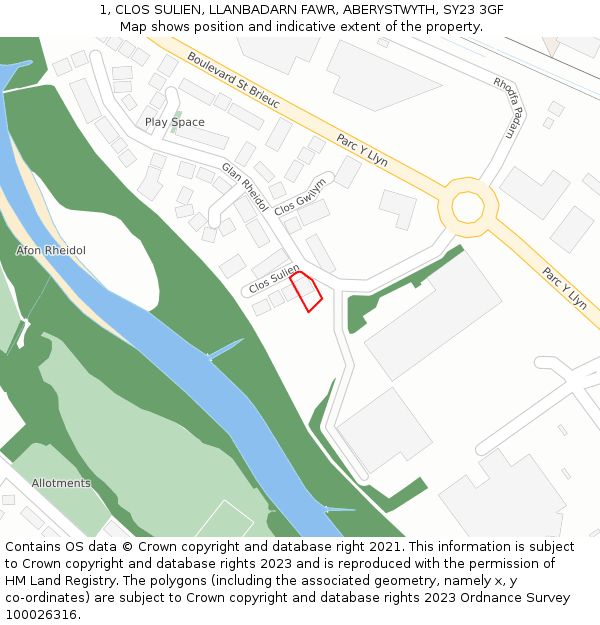 1, CLOS SULIEN, LLANBADARN FAWR, ABERYSTWYTH, SY23 3GF: Location map and indicative extent of plot