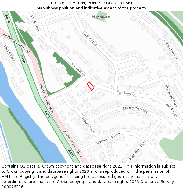 1, CLOS TY MELYN, PONTYPRIDD, CF37 5NH: Location map and indicative extent of plot