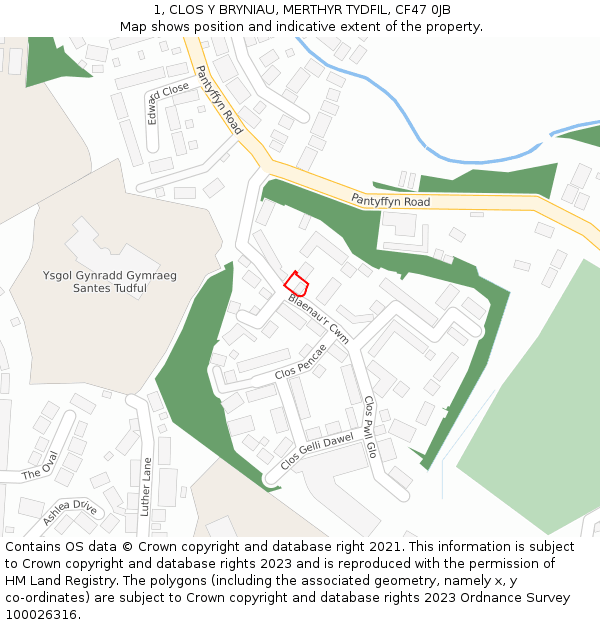 1, CLOS Y BRYNIAU, MERTHYR TYDFIL, CF47 0JB: Location map and indicative extent of plot