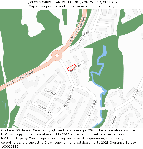 1, CLOS Y CARW, LLANTWIT FARDRE, PONTYPRIDD, CF38 2BP: Location map and indicative extent of plot