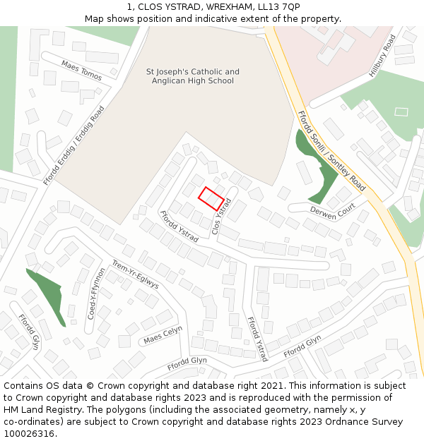 1, CLOS YSTRAD, WREXHAM, LL13 7QP: Location map and indicative extent of plot