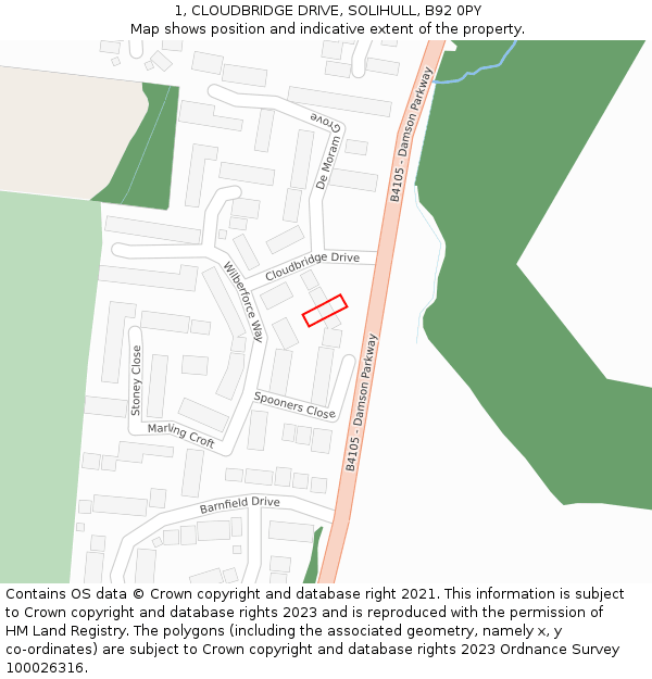 1, CLOUDBRIDGE DRIVE, SOLIHULL, B92 0PY: Location map and indicative extent of plot