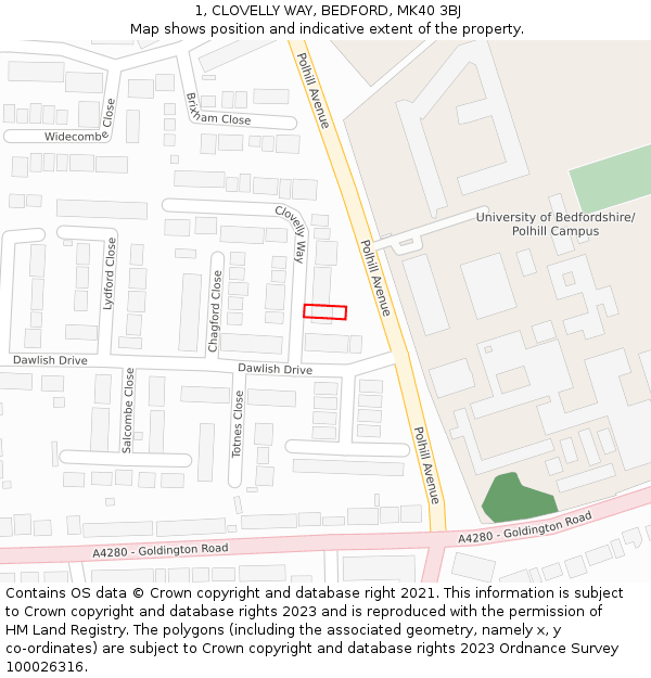 1, CLOVELLY WAY, BEDFORD, MK40 3BJ: Location map and indicative extent of plot