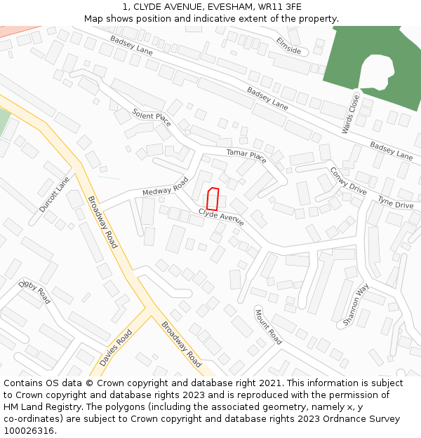 1, CLYDE AVENUE, EVESHAM, WR11 3FE: Location map and indicative extent of plot