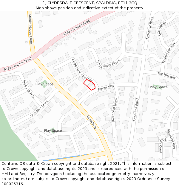 1, CLYDESDALE CRESCENT, SPALDING, PE11 3GQ: Location map and indicative extent of plot