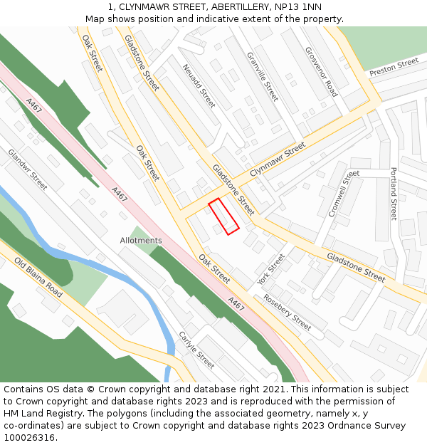 1, CLYNMAWR STREET, ABERTILLERY, NP13 1NN: Location map and indicative extent of plot