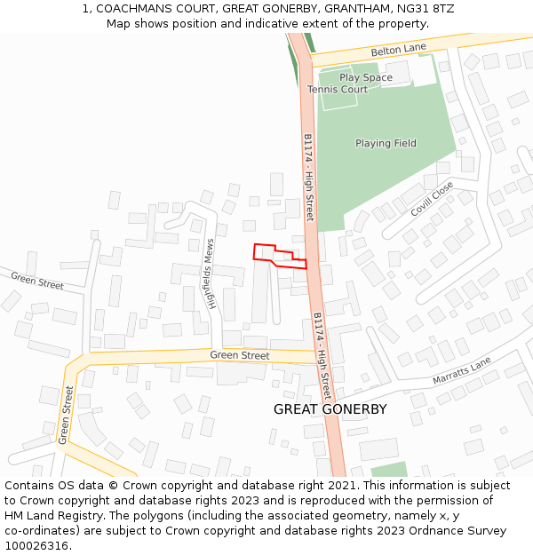 1, COACHMANS COURT, GREAT GONERBY, GRANTHAM, NG31 8TZ: Location map and indicative extent of plot