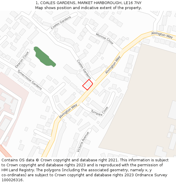 1, COALES GARDENS, MARKET HARBOROUGH, LE16 7NY: Location map and indicative extent of plot