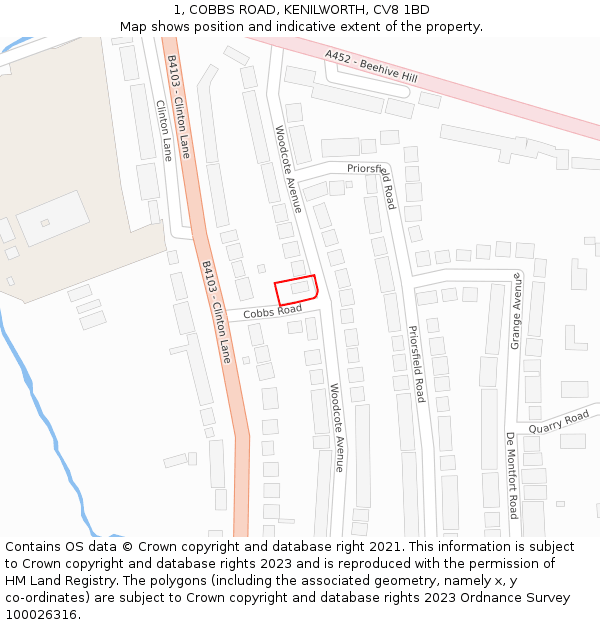 1, COBBS ROAD, KENILWORTH, CV8 1BD: Location map and indicative extent of plot