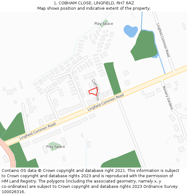 1, COBHAM CLOSE, LINGFIELD, RH7 6AZ: Location map and indicative extent of plot